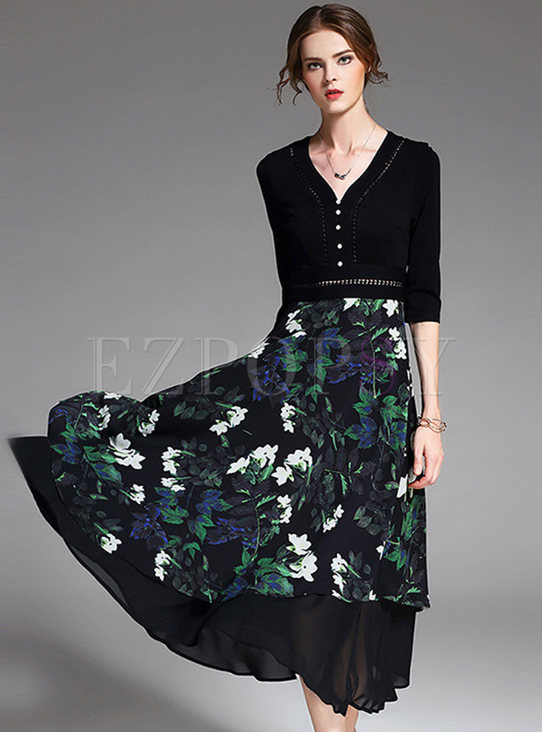 V-neck Half Sleeve Lily Print Party Maxi Dress
