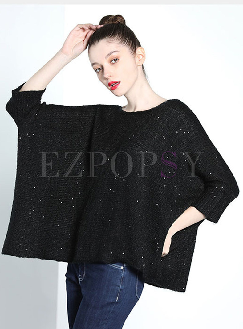 Casual Pure Color Sequins Batwing Sleeve O-neck Sweater
