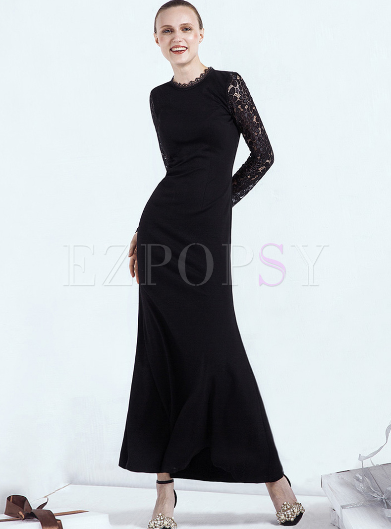 Black Lace Hollow Slim Mermaid Maxi Dress