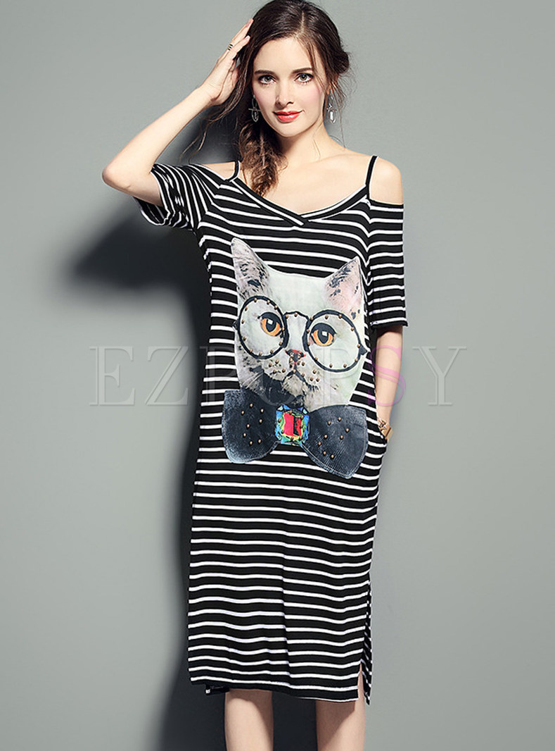 Cute Off Shoulder Cat Print Striated Open Fork T-shirt Dress 