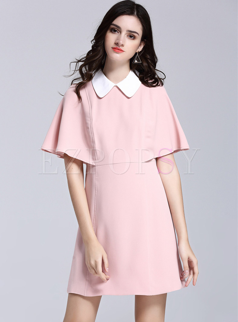 Brief Pure Color Splicing Turn-down Collar Loose Shift Dress 
