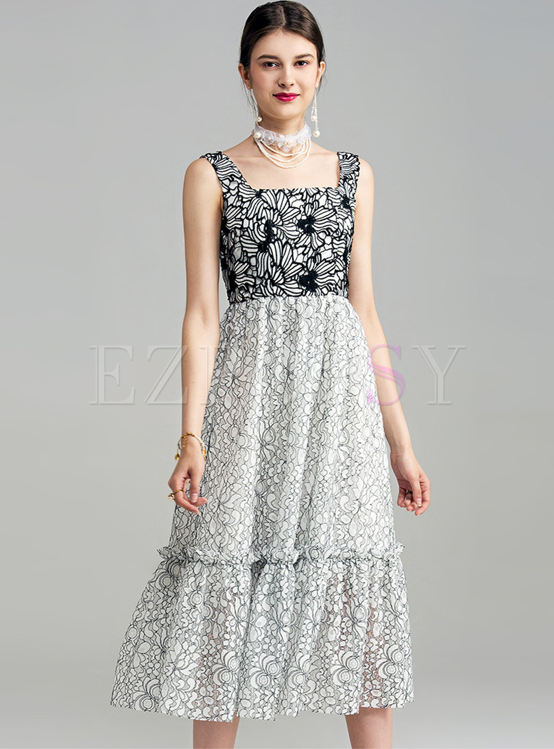 Elegant Lace Embroidery Square Neck Skater Dress