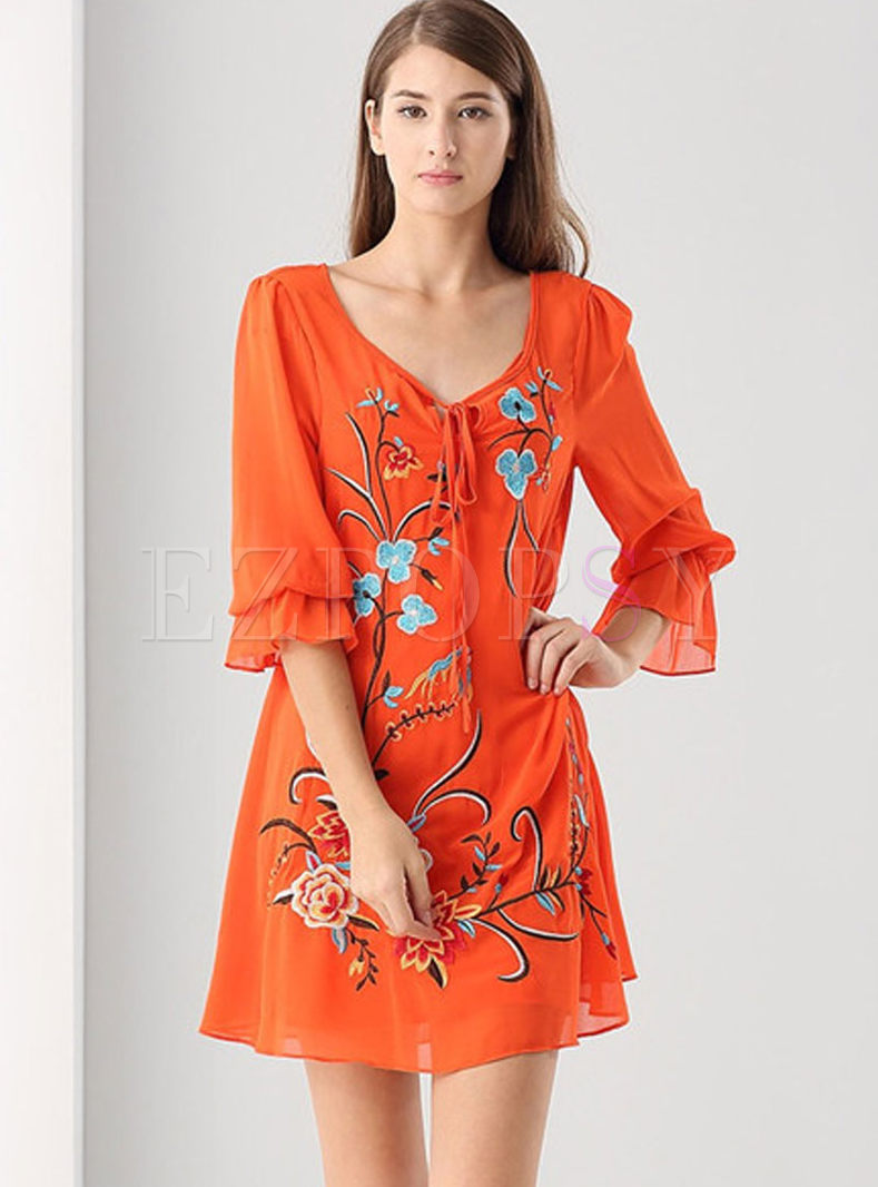 Ethnic Silk Embroidered Long Sleeve Shift Dress With Underskirt