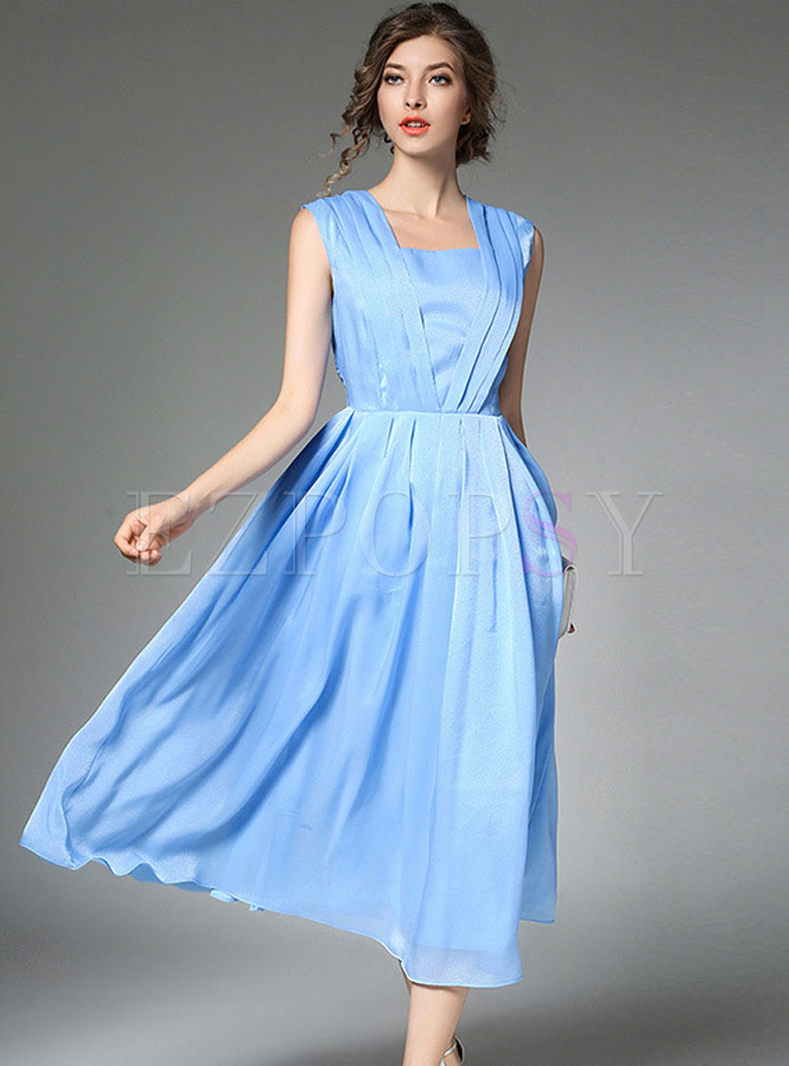 Dresses | Skater Dresses | Silk Pure Color Wrinkle Sleeveless Skater Dress