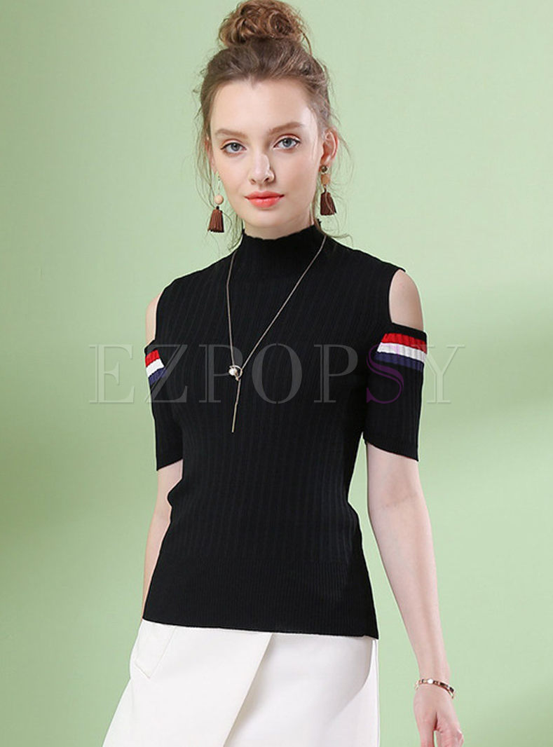 High Neck Off Shoulder Gathered Waist Knitted Sweater