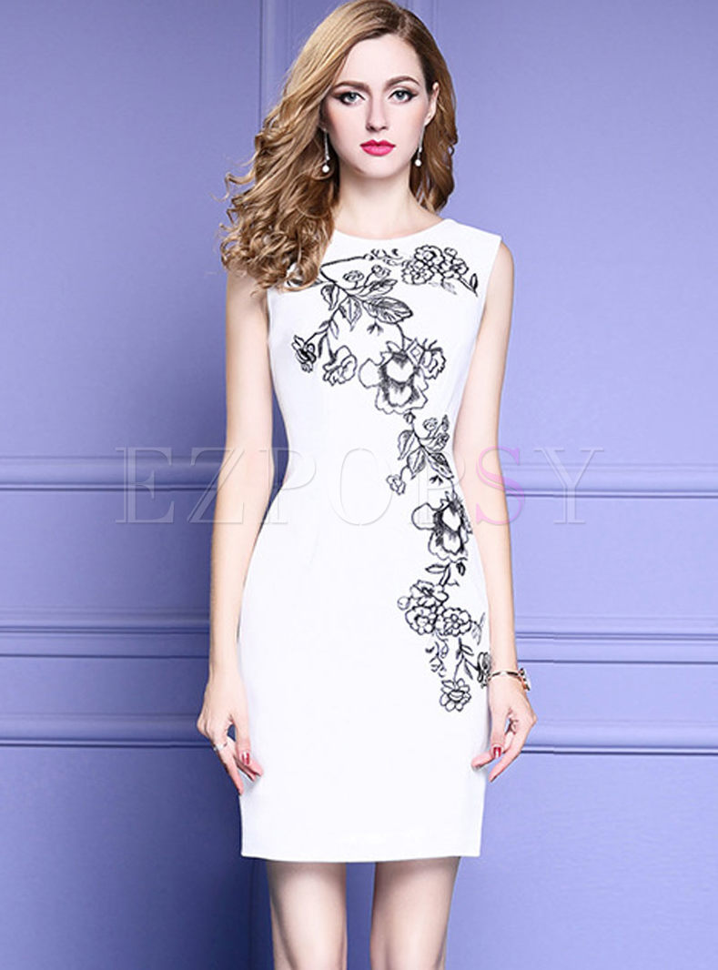 Dresses | Skater Dresses | Elegant White Embroidered Slim Sleeveless ...
