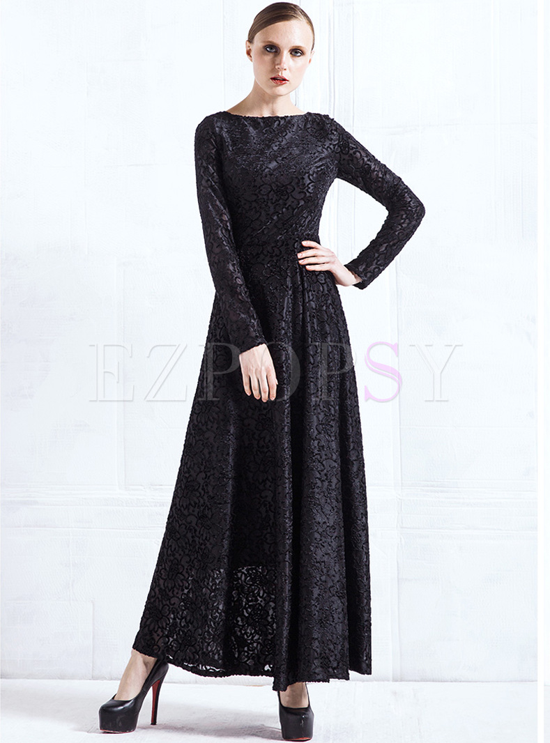 Black Lace Jacquard Big Hem Maxi Dress