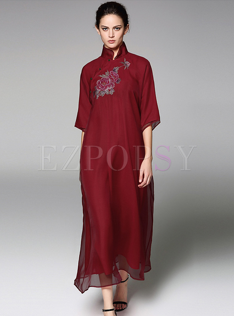 Vintage Embroidery Stand Collar Loose Maxi Dress