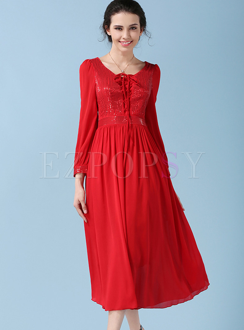 Party Red V-neck Three Quarters Sleeve Slim Maxi Dress 