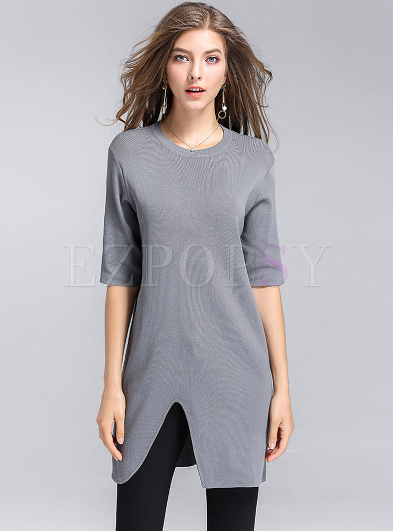 Brief Knitted Split Asymmetric T-shirt