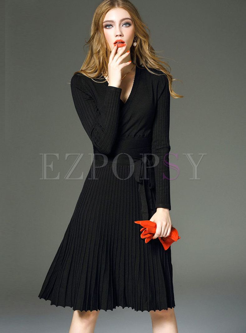 Brief Belt Long Sleeve Pleated Knitted Dress
