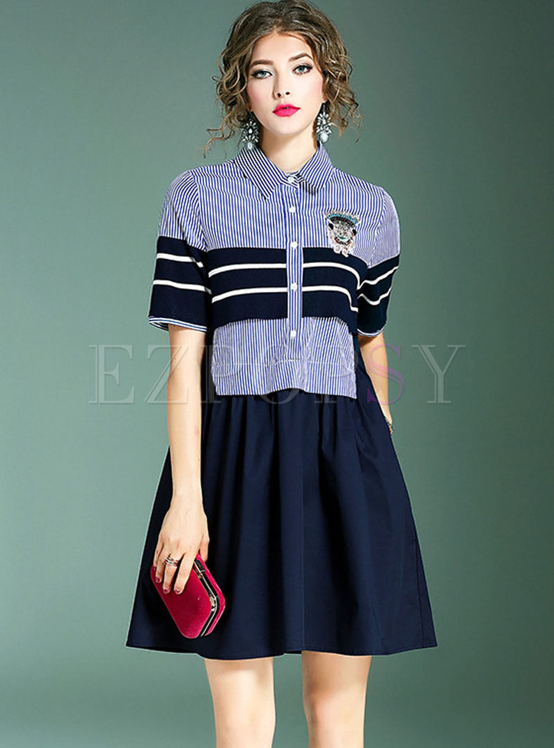 Brief Nail Drill Striped Knitted Stitching Shift Dress