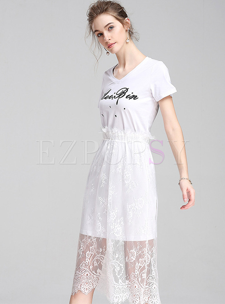 Street Print Lace Splicing V-neck T-shirt Dress 