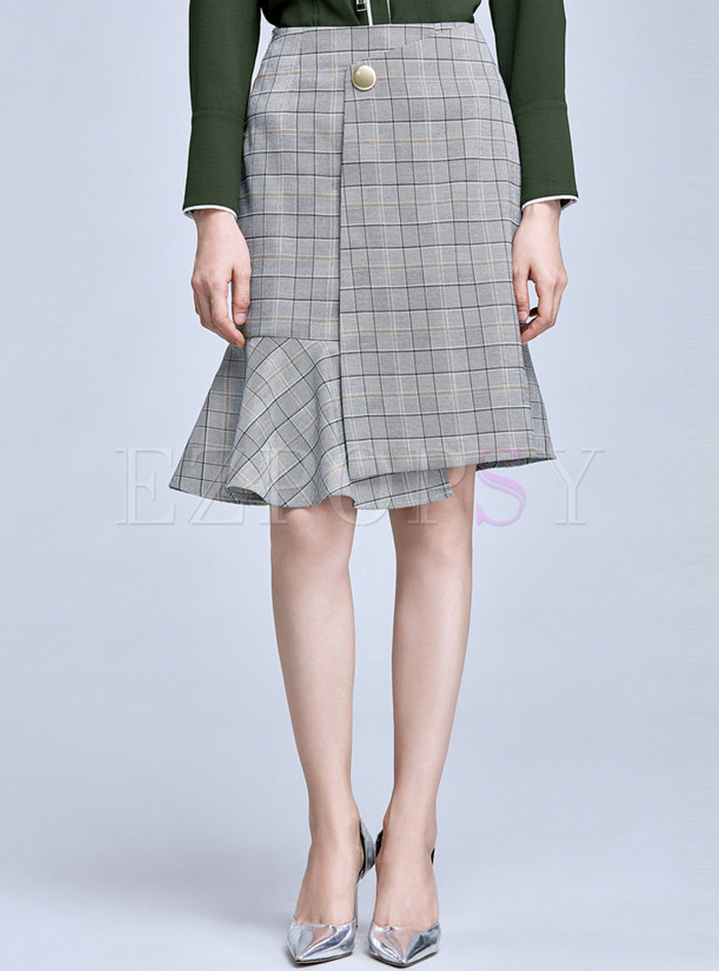 Brief Plaid Asymmetrical Sheath Falbala Skirt 