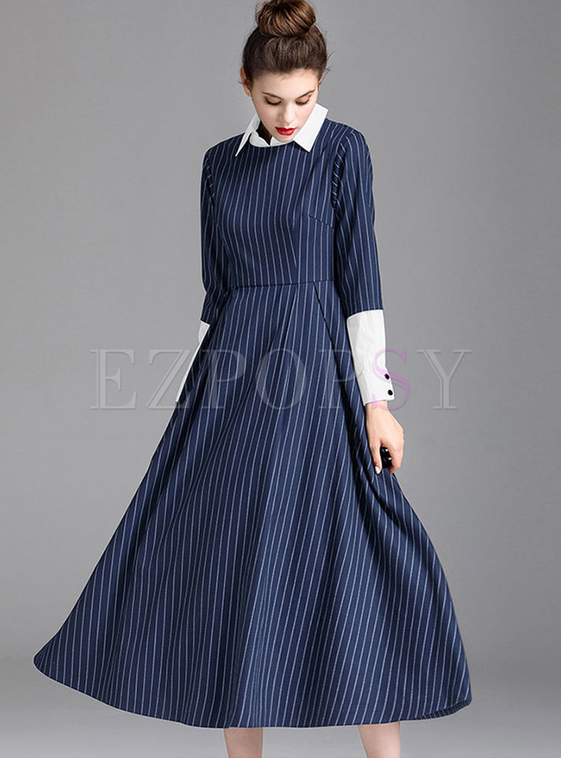 Blue Striped High Waist Long Sleeve Skater Dress