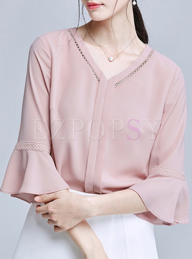 Brief Hollow-out V-neck Flare Sleeve Blouse 