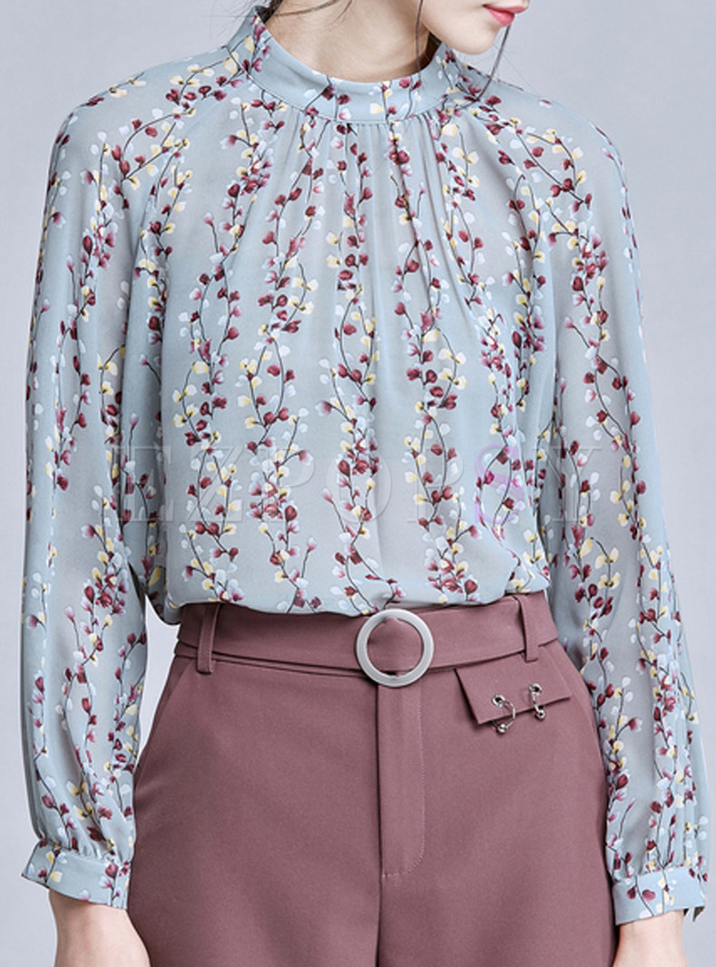 Casual Floral Print Stand Collar Slim Blouse 