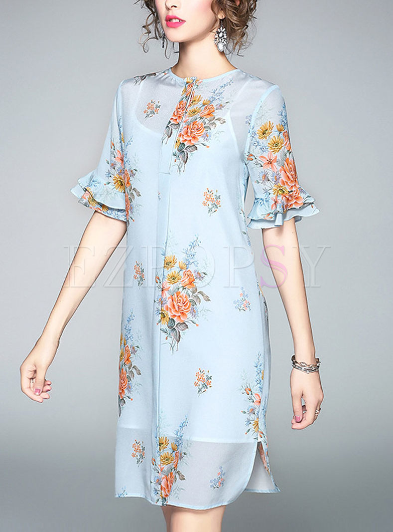 Stylish Silk Floral Print Skater Dress With Underskirt