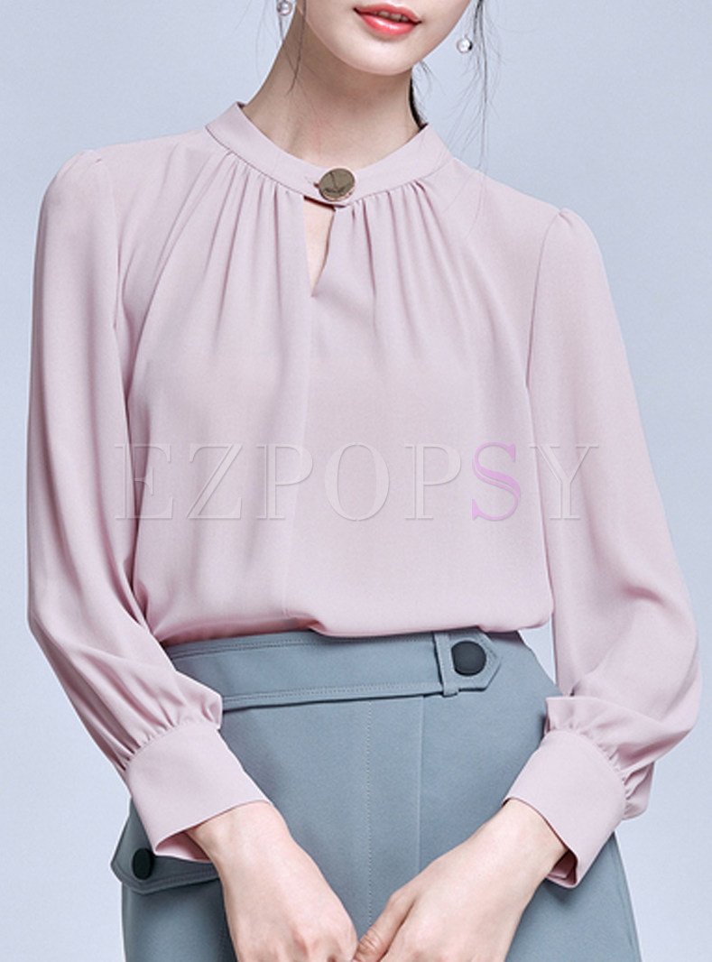 Brief Pure Color Stand Collar Long Sleeve Blouse 