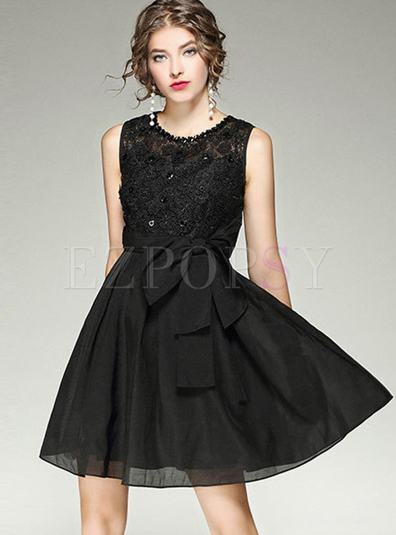 Party Bead Embroidered Splicing Sleeveless Skater Dress 