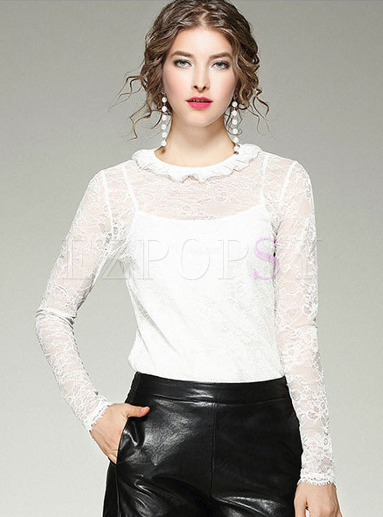 Tops Blouses Sexy Lace Splicing Embroidered Hollow Out Blouse 6867