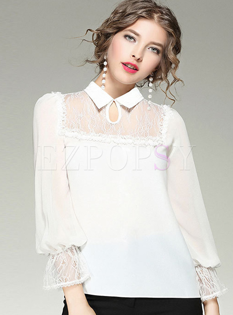 Tops | Blouses | Work Lace Splicing Turn-down Collar Long Sleeve Blouse