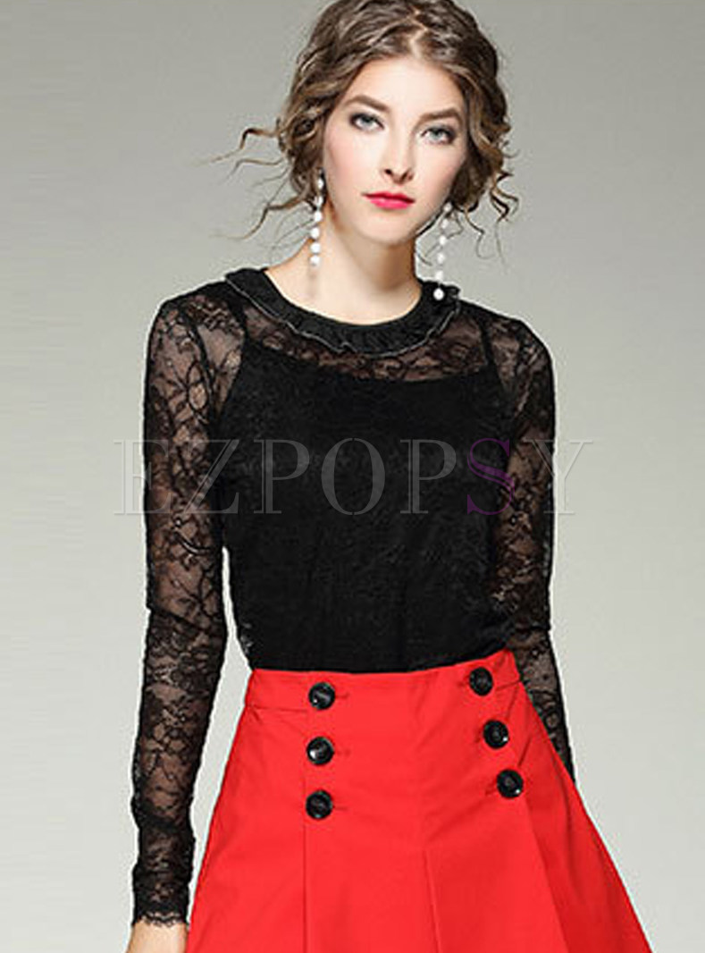 Sexy Lace Splicing Embroidered Hollow-out Blouse 