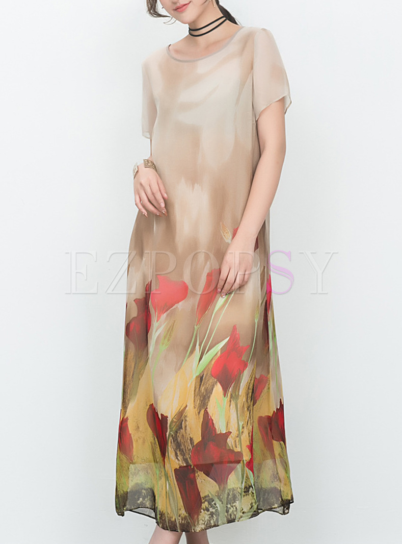 Loose Floral Print Silk Maxi Dress