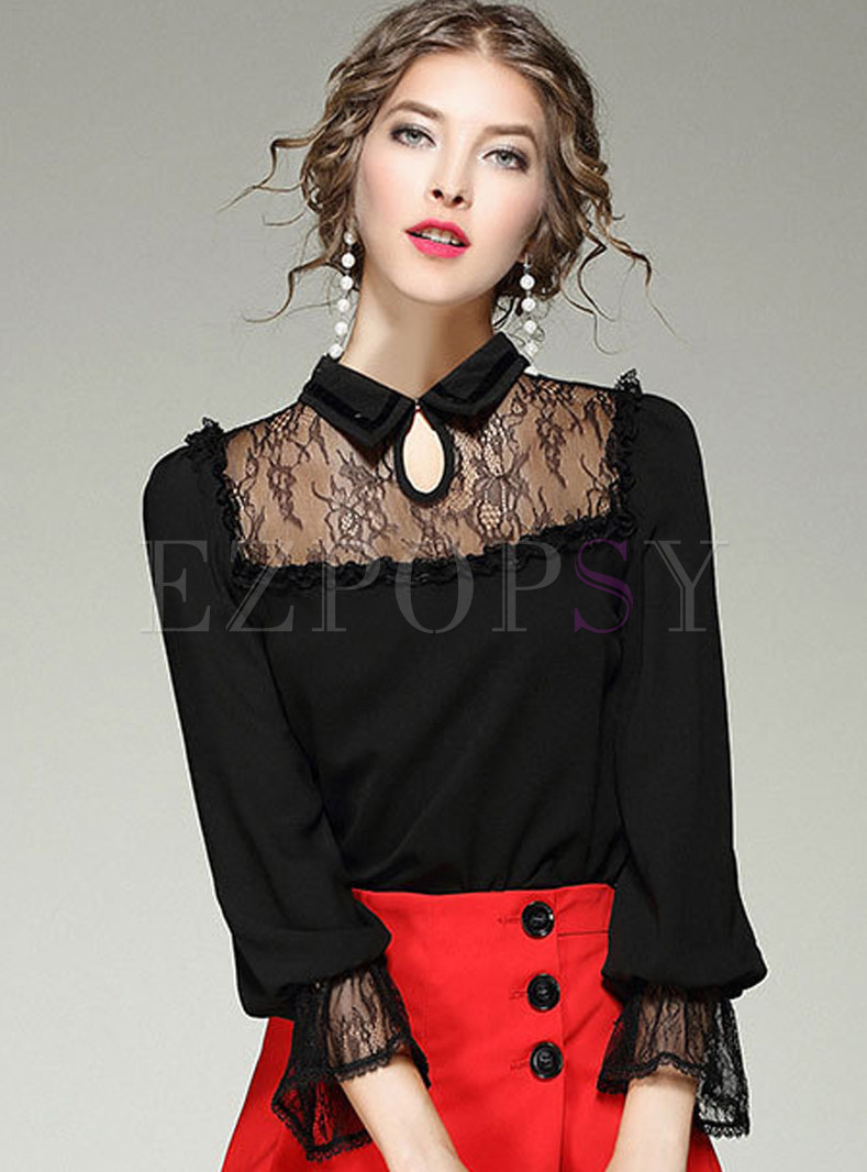 Work Lace Splicing Turn-down Collar Long Sleeve Blouse 