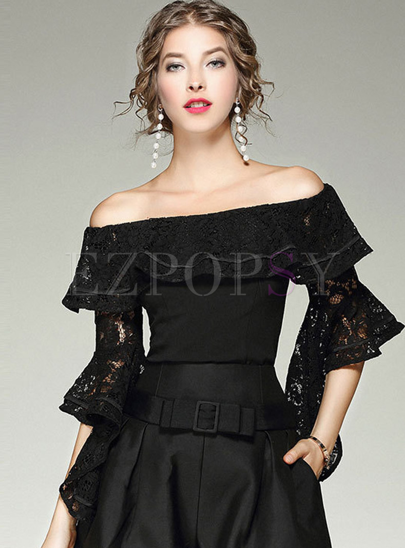 Sexy Hollow-out Slash Collar Flare Sleeve Lace Blouse 
