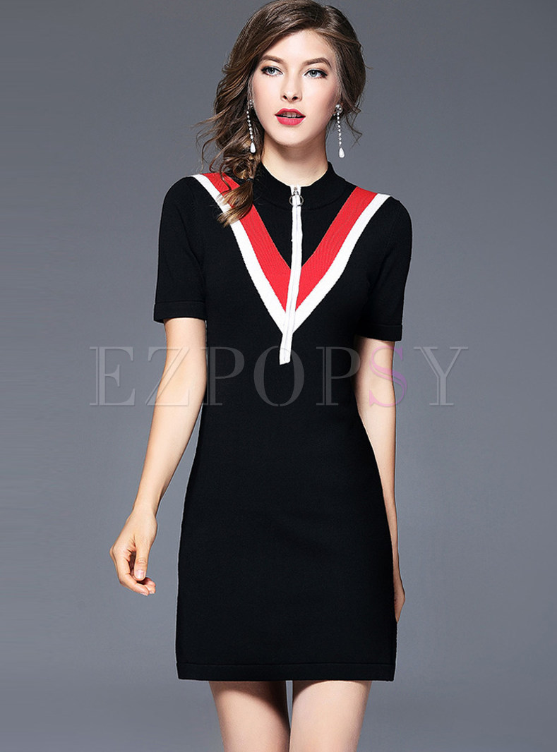 Brief Color Blocking Stand Collar Slim Knitted Dress 