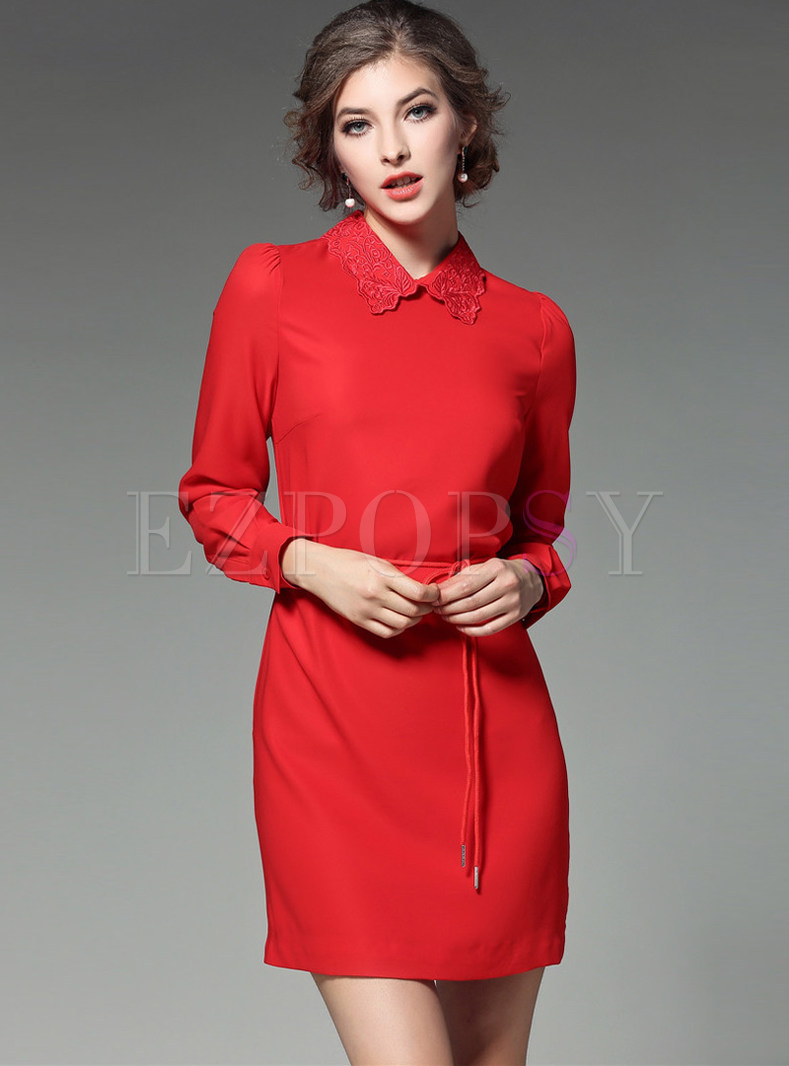 Party Turn-down Collar Long Sleeve Slim Belted Skater Dress 