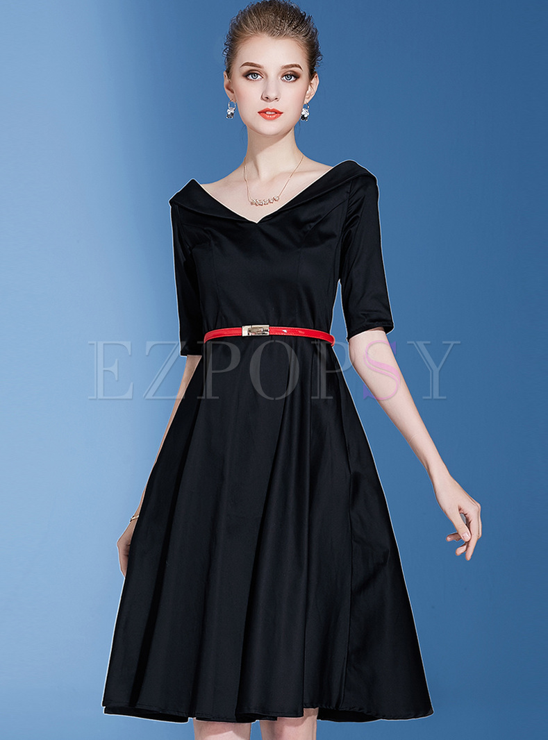 Elegant V-neck Half Sleeve Black A-line Dress
