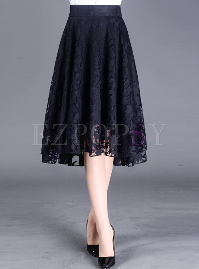 Black Lace High Waist Asymmetric Skirt