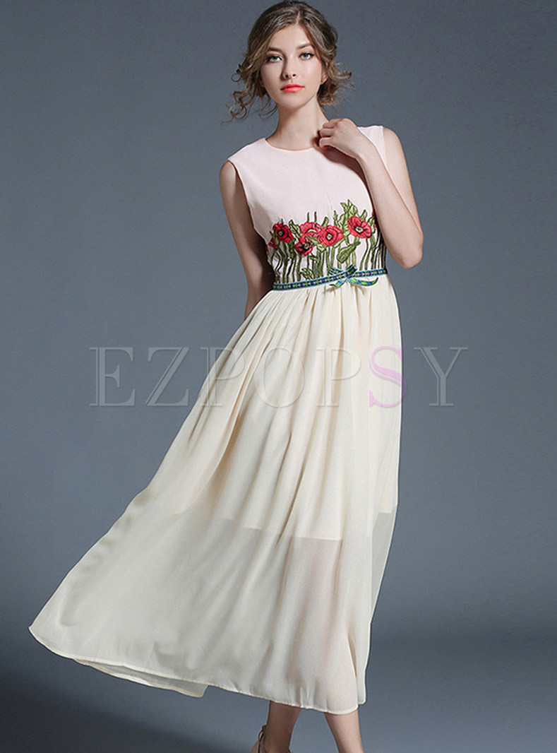 Casual Embroidered Splicing Pleated Slim Sleeveless Maxi Dress 