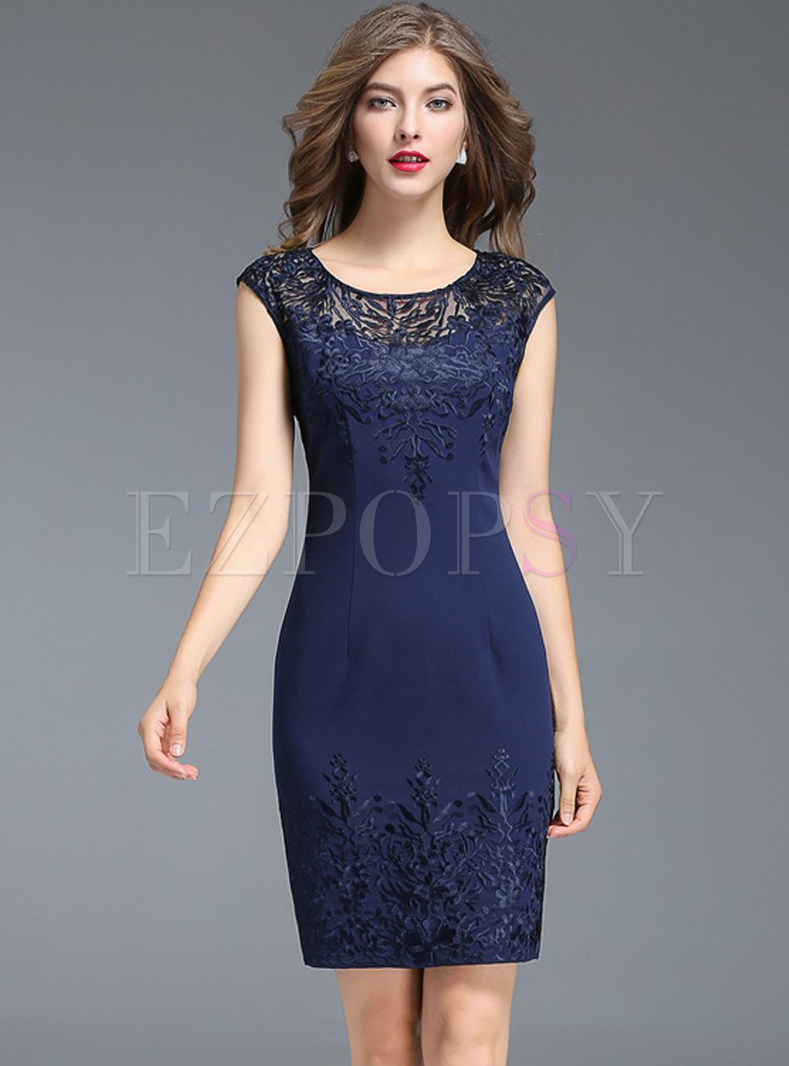 Party Embroidered Hollow-out Splicing O-neck Slim Bodycon Dress 