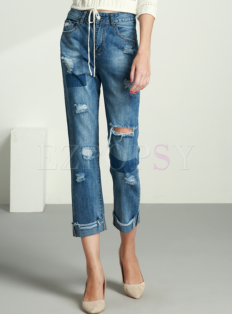 Causal Color-blocked Hole Straight Jeans