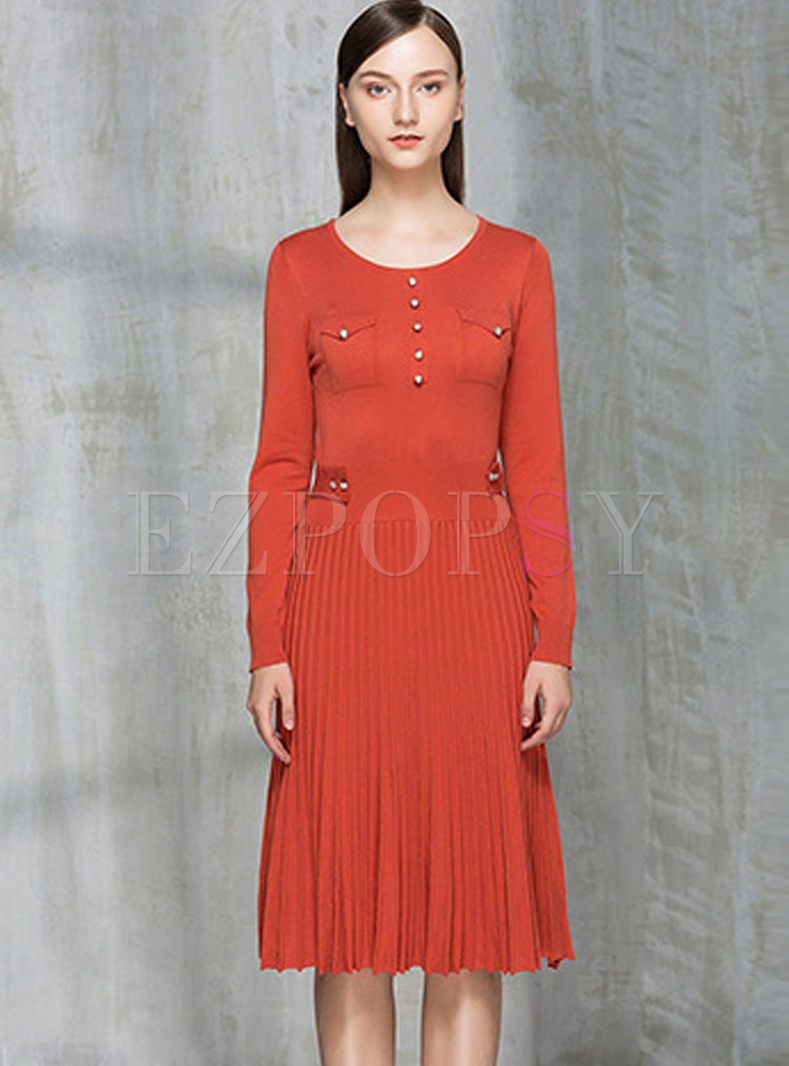 Brief Wrinkle Long Sleeve Knitted Dress