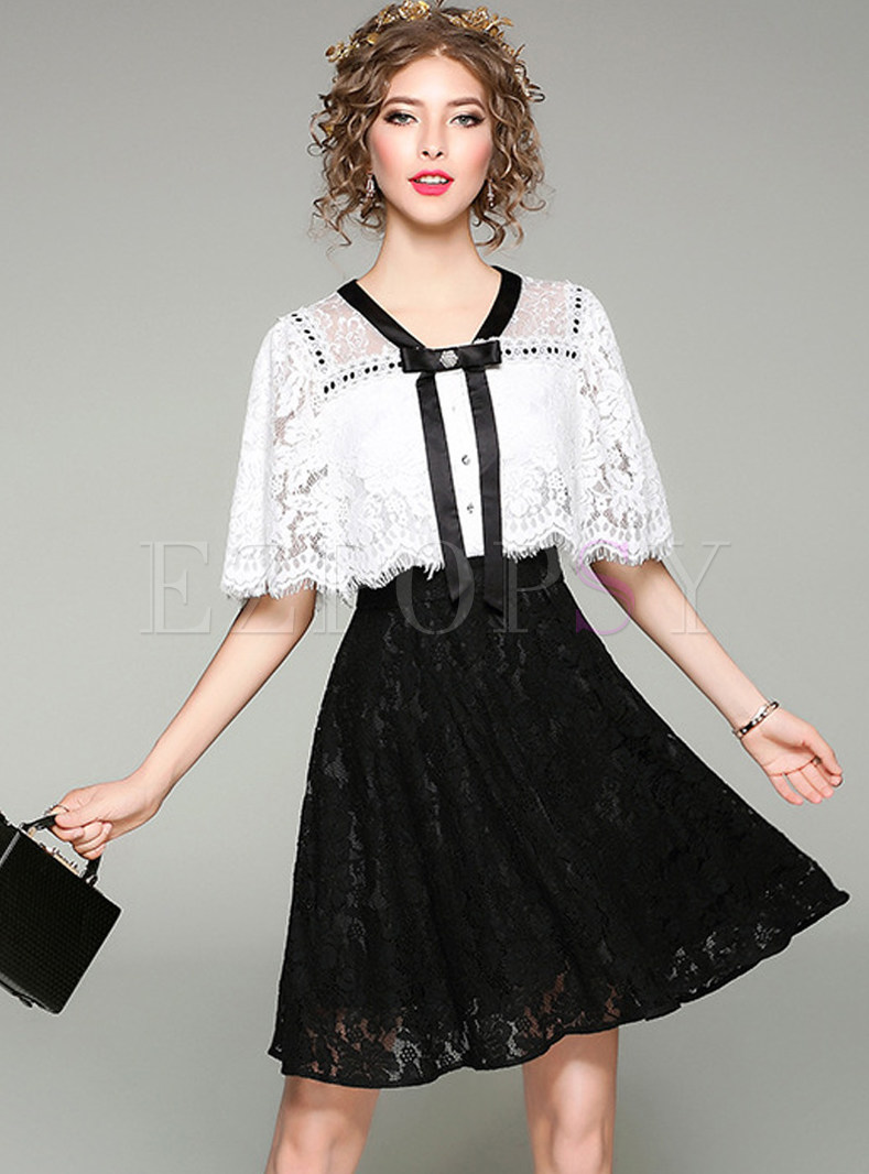 Sexy Lace Splicing Hollow-out Batwing Sleeve Slim Skater Dress 