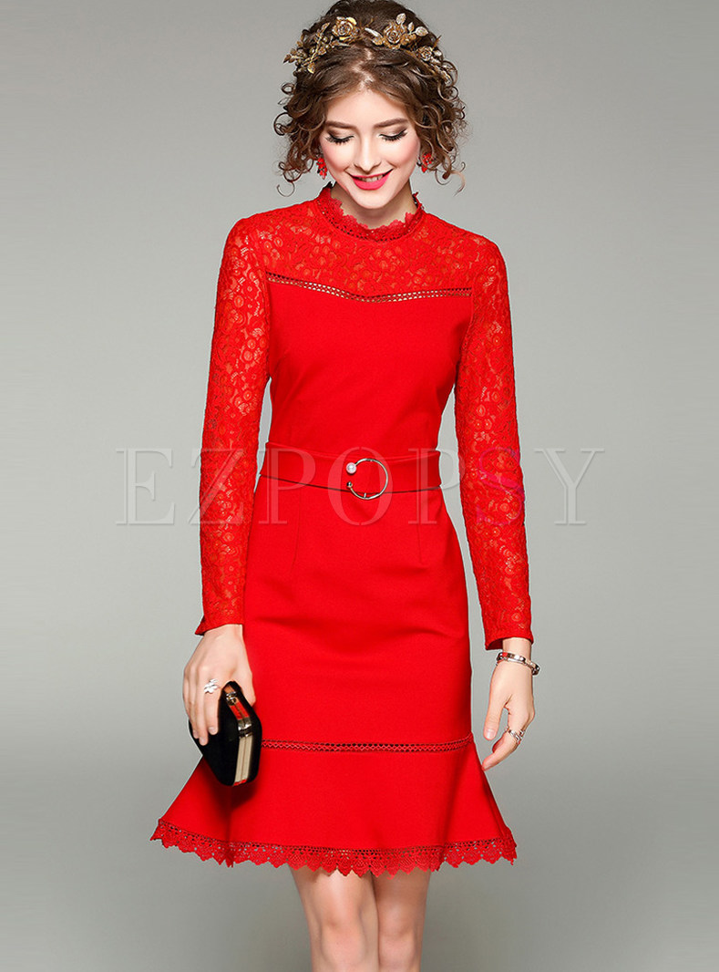 Party Lace Splicing Stand Collar Long Sleeve Slim Skater Dress 