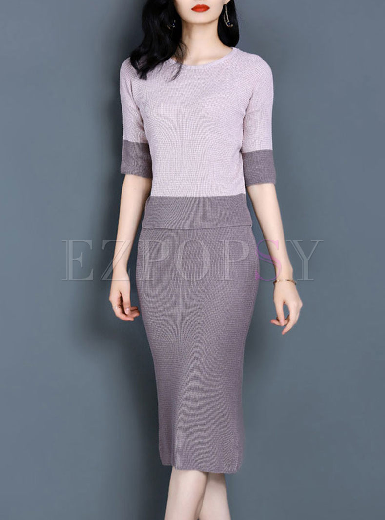 Brief Hit Color Knitted Bodycon Two-piece Outfits