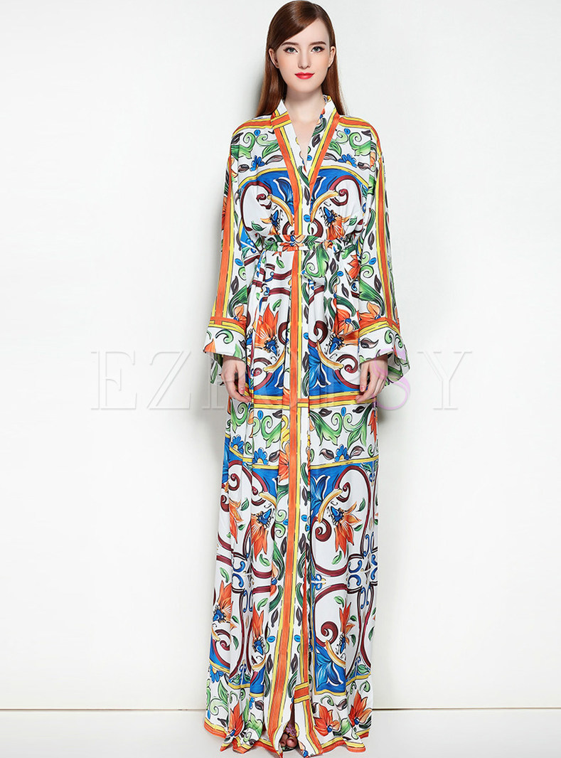 Bohemian Print V-neck Long Sleeve Belted Slim Maxi Dress 