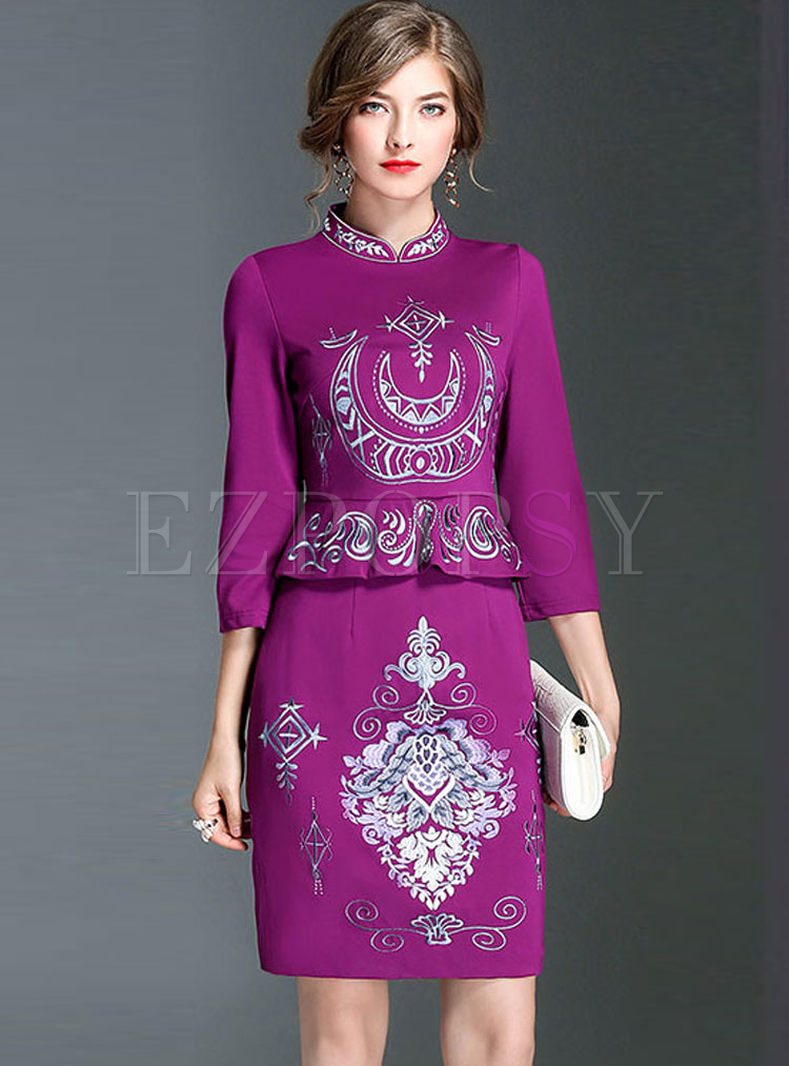 Vintage Embroidered Three Quarters Sleeve Bodycon Dress