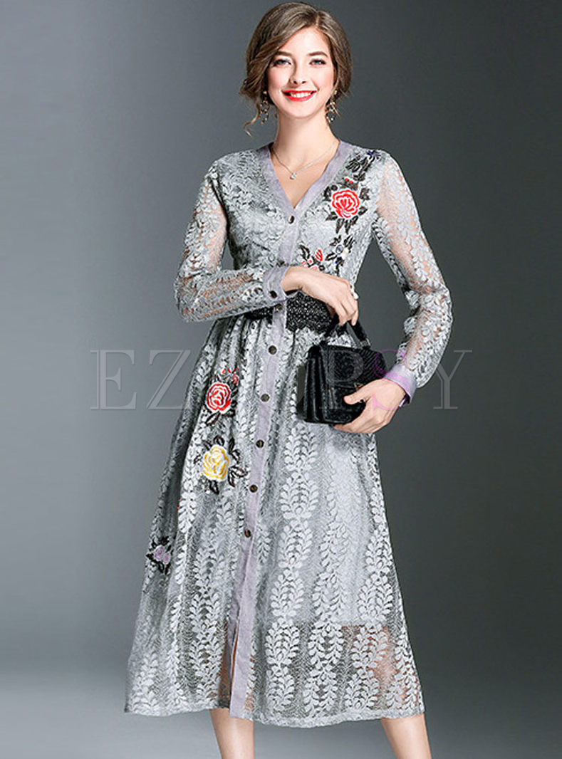 Stylish Lace Embroidered Long Sleeve Skater Dress