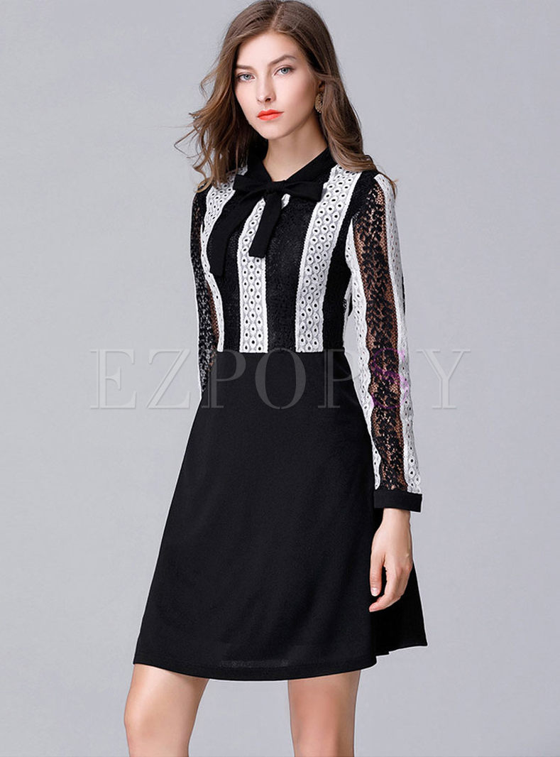 Lace Striped Patchwork Long Sleeve Skater Dress