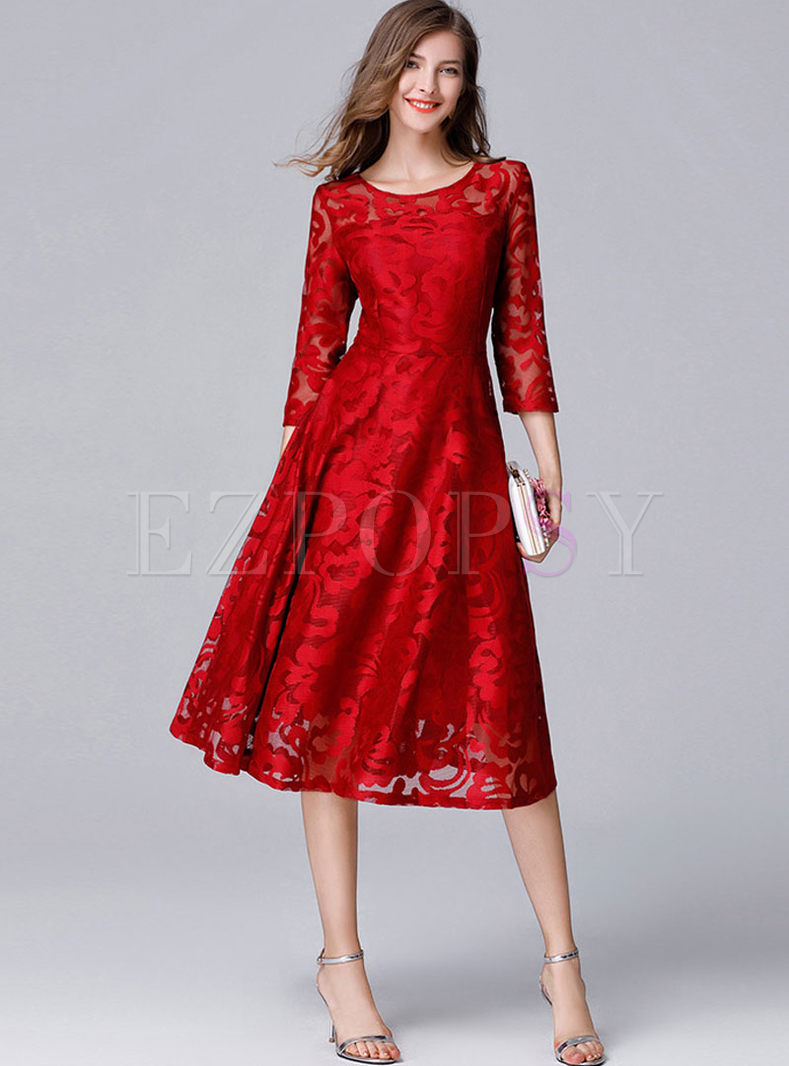 Dresses | Skater Dresses | Red Lace Transparent A Line Cocktail Dress