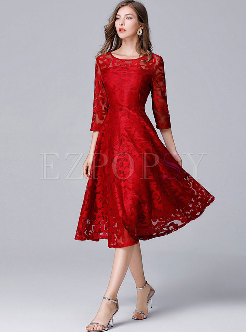 Dresses | Skater Dresses | Red Lace Transparent A Line Cocktail Dress