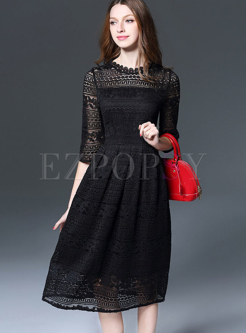 Lace Hollow Out Three Quarters Sleeve Skater Dress