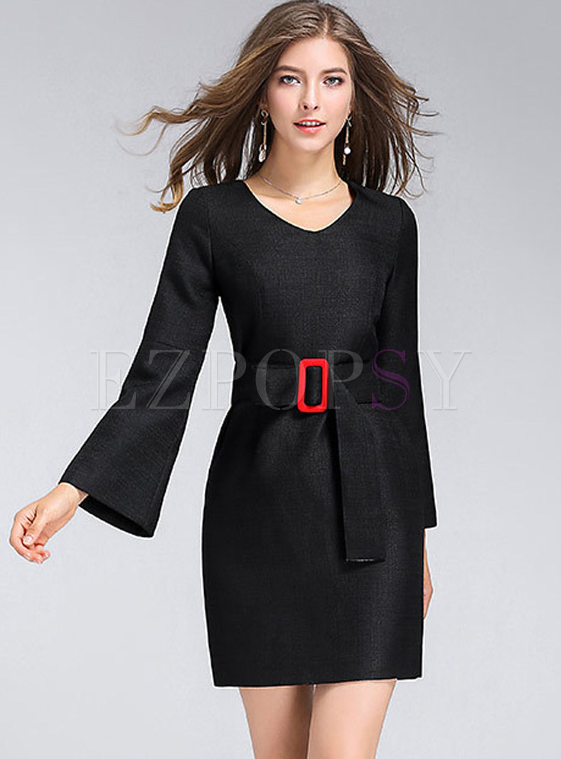 Work Pure Color V-neck Long Sleeve Belted Slim Bodycon Dress 