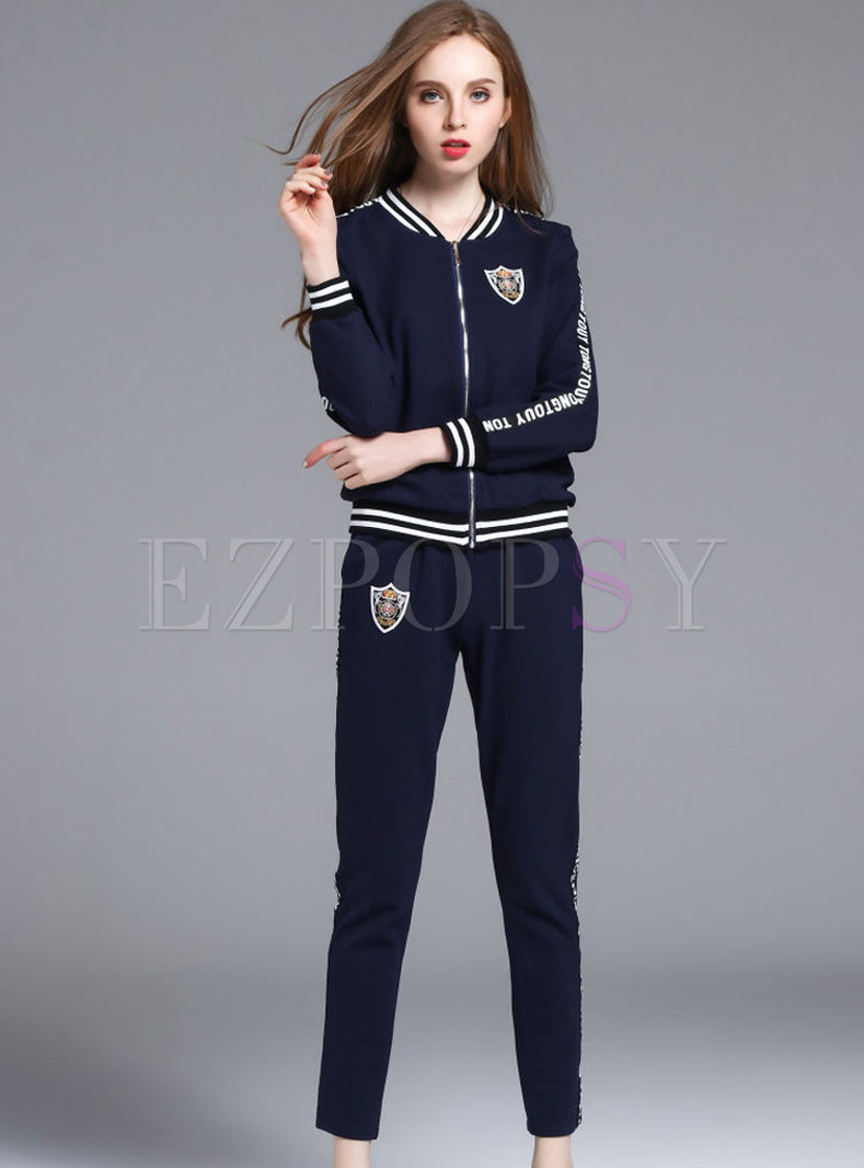 Causal Patch Embroidered Long Sleeve Two-piece Outfits